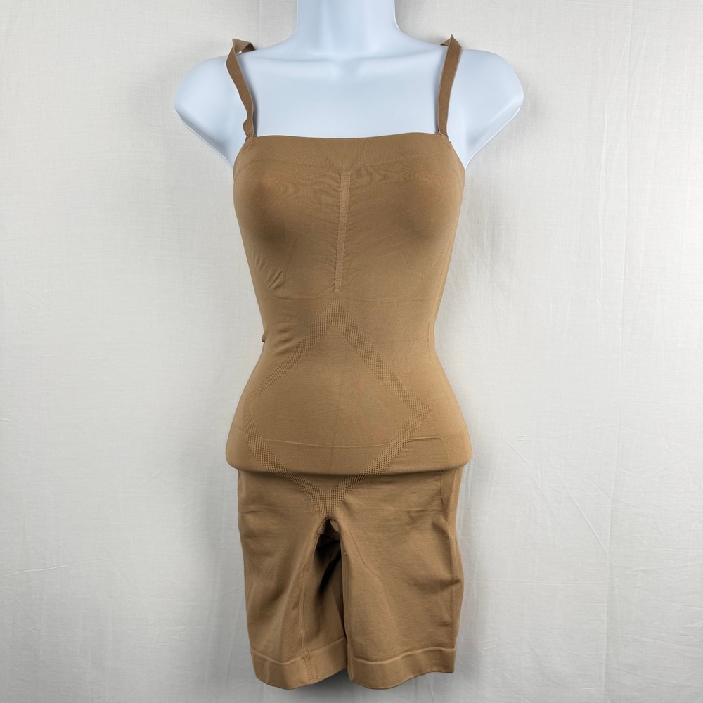 Unbranded Women Tan Seamless Shapewear Bodysuit Tummy Control Mid Thigh Shaper S